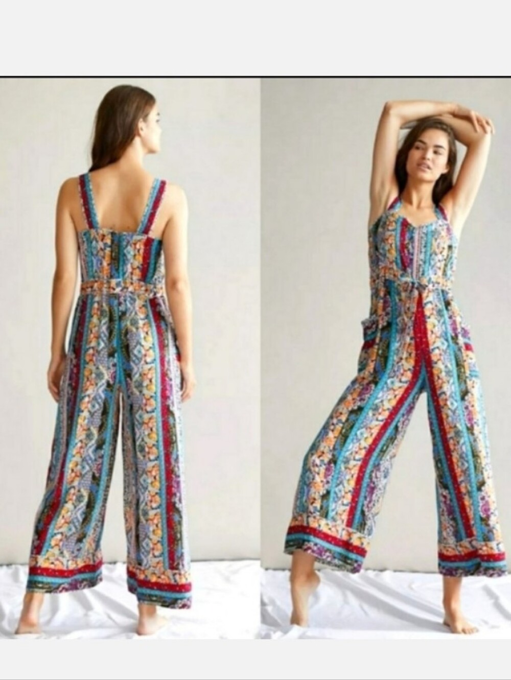 Anthropologie Striped Multicolor Wide-Leg Jumpsuit - Boho Floral Print